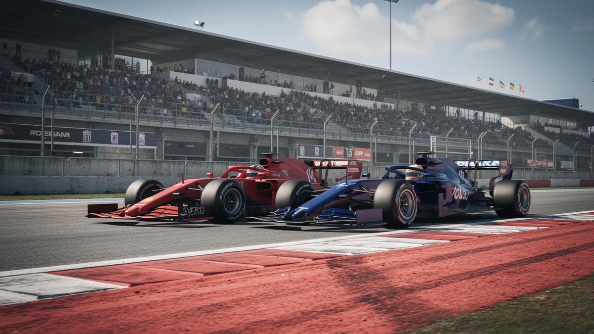 Formula-style race cars speeding through a modern circuit corner under bright daylight